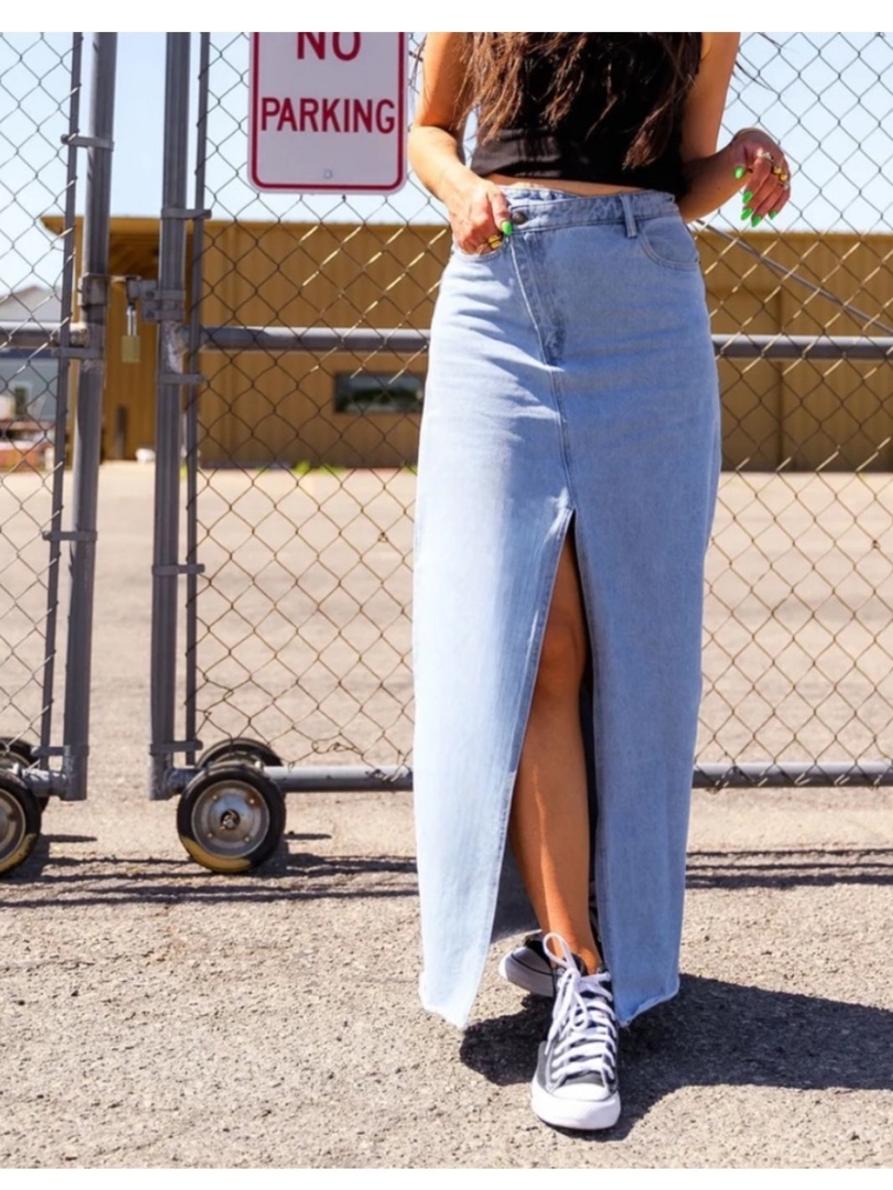 Dress in LALA Don’t Kill My Vibe Criss Cross Denim Maxi Skirt Size XS